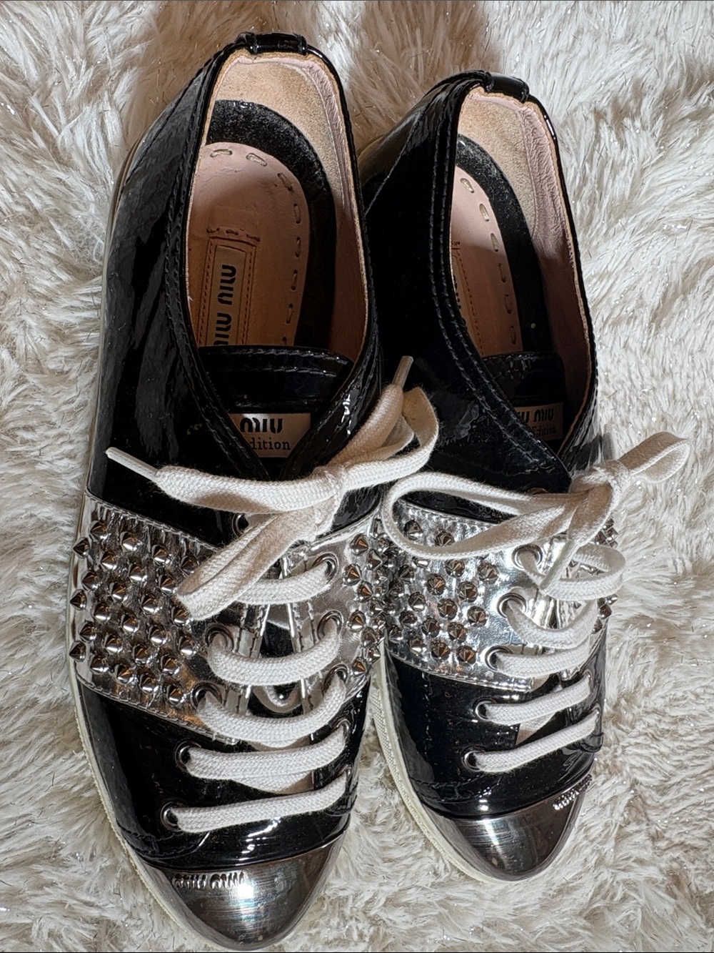 Miu Miu Black Patent Leather Sneakers with Silver Accents